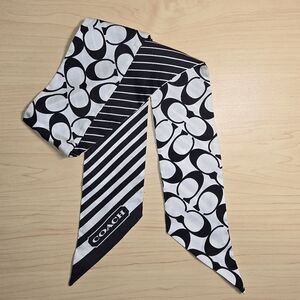 COACH Signature Black & White Silk Skinny Reversible Scarf Hair Tie Purse Bow